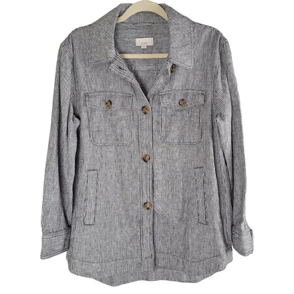 Linen Blend Loft Stripe Blazer Jacket Grey White Stripe Button Detail Pockets S - Picture 1 of 8
